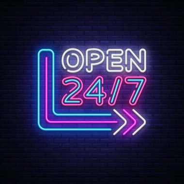 24 7 Neon Sinboard Vektör. Tüm gün neon işareti, tasarım şablonu, modern trend tasarımı, gece tabelası, gece parlak reklam, ışık afiş, ışık sanat açın. Vektör çizimi