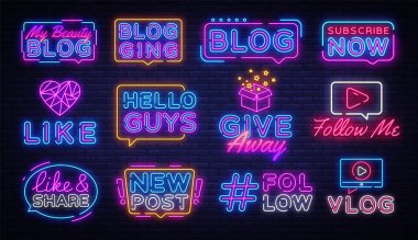 Blogtoplama neon işaretleri vektör. Sosyal ağlar tasarım şablonu kavramı. Blog Neon afiş arka plan tasarımı, gece sembolü, modern trend tasarımı. Vectro İllüstrasyon