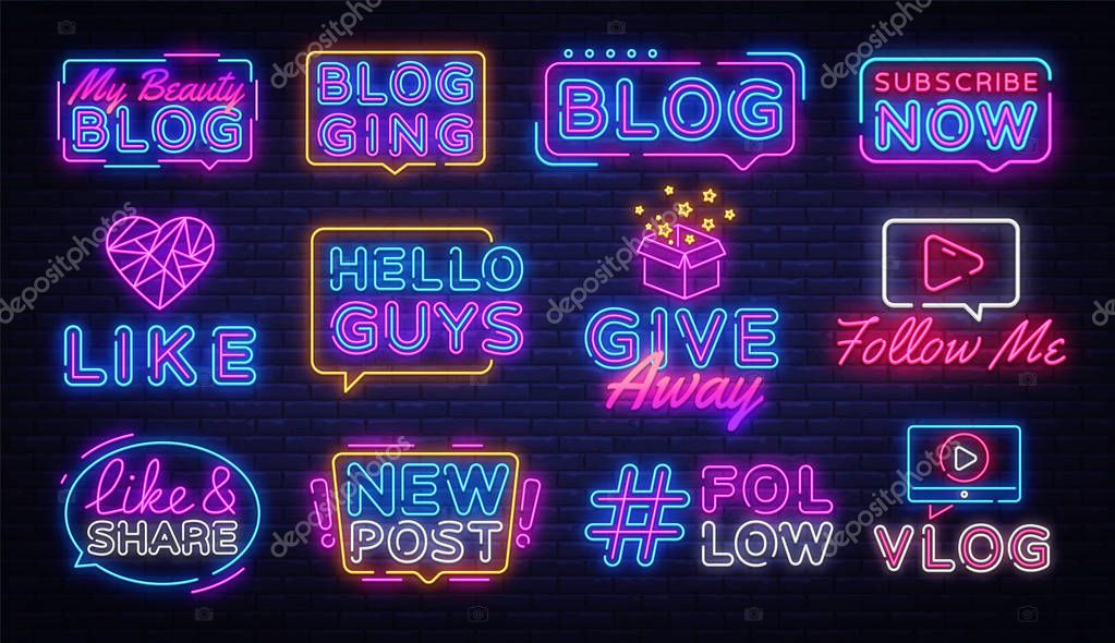Blogging collection neon signs vector. Social networks design template concept. Blog Neon banner background design, night symbol, modern trend design. Vectro Illustration.