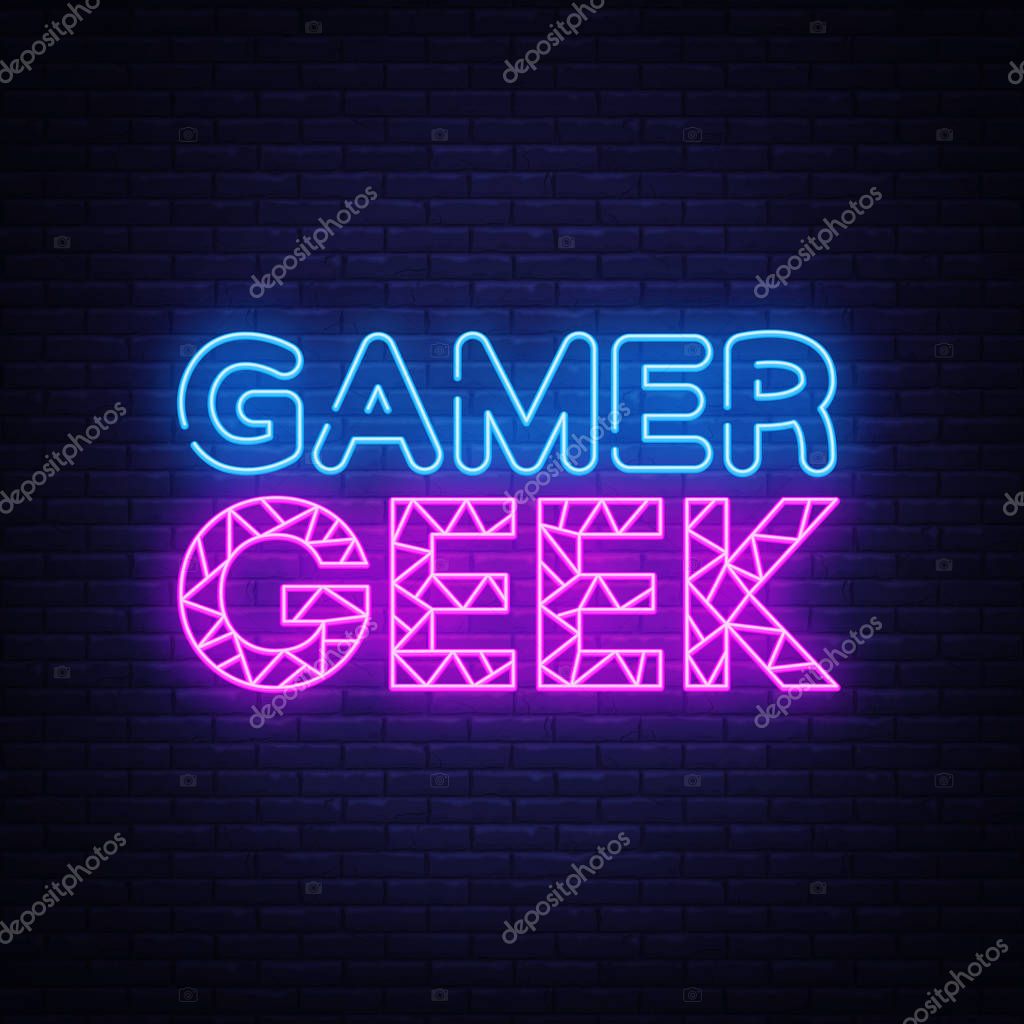 Gamer Geek Neon Text Vector. Gaming neon sign, design template, modern trend design, night signboard, night bright advertising, light banner, light art. Vector illustration.