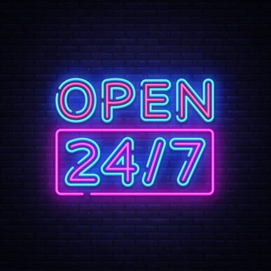 24 7 Neon Sinboard Vektör. Tüm gün neon işareti, tasarım şablonu, modern trend tasarımı, gece tabelası, gece parlak reklam, ışık afiş, ışık sanat açın. Vektör çizimi