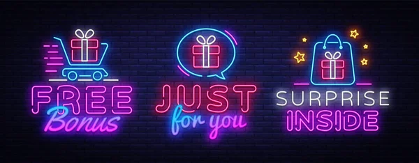 Ajándékok gyűjtemény fényreklámok vektor. Meglepetés tervezősablon koncepció. Neon banner háttér tervezése, éjszakai szimbólum, modern trend design. Vectro illusztráció — Stock Vector