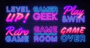 Oyun Neon işaretleri Vektör ayarlayın. Oyuncu neon işareti, tasarım şablonu, modern trend tasarımı, gece tabelası, gece parlak reklam, ışık afiş, ışık sanat. Vektör çizimi