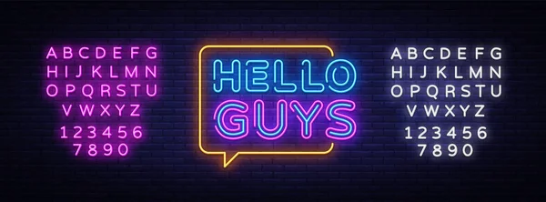 Hello Guys Neon-Vector. Блог неоновый знак, шаблон дизайна, современный тренд дизайна, ночная вывеска, ночная яркая реклама, световое знамя, световое искусство. Вектор. Редактирование неонового знака — стоковый вектор