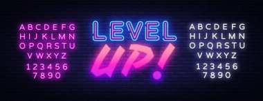 Seviye Yukarı neon işaret vektörü. Oyun Tasarım şablonu neon işareti, ışık afiş, neon tabela, gece parlak reklam, ışık yazıt. Vektör illüstrasyon. Metin neon işaretini düzenleme