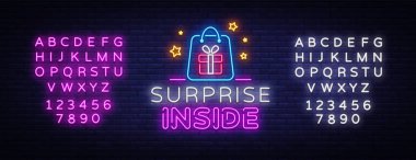 Sürpriz neon işareti vektör tasarım şablonu. Sürpriz Neon ışık afiş tasarım öğesi renkli modern tasarım trendi, gece parlak reklam, parlak işareti. Vektör. Metin neon işaretini düzenleme