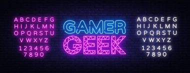 Oyuncu Geek Neon Metin Vektör. Oyun neon işareti, tasarım şablonu, modern trend tasarımı, gece tabelası, gece parlak reklam, ışık afiş, ışık sanat. Vektör. Metin neon işaretini düzenleme