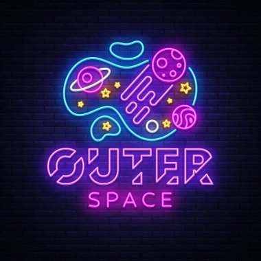 Dış Uzay neon işaret vektörü. Uzay Tasarım şablonu neon işareti, ışık afiş, neon tabela, gece parlak reklam, ışık yazıt. Vektör çizimi