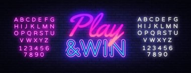 Play Win neon metin vektör tasarım şablonu. Oyun neon logosu, ışık afiş tasarım elemanı renkli modern tasarım trendi, gece parlak reklam, parlak işareti. Vektör. Metin neon işaretini düzenleme