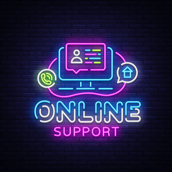 Онлайн-поддержка векторного дизайна неоновых знаков. Неоновый логотип Call Center, элемент светового баннера красочный современный дизайн тренд, яркая ночная реклама, яркий знак. Векторная иллюстрация
