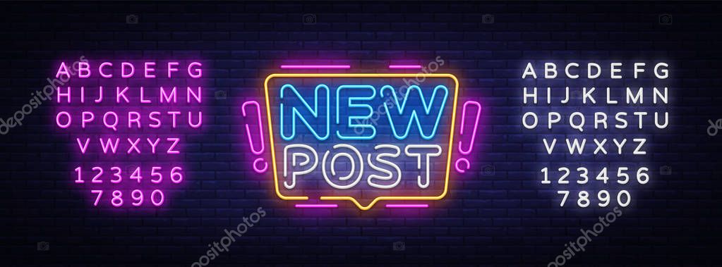 New Post Neon Text Vector. Blogging neon sign, design template, modern trend design, night signboard, night bright advertising, light banner, light art. Vector. Editing text neon sign.