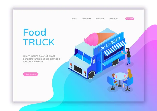 Moderno concepto isométrico de diseño plano de Ice Cream Shop para sitio web y sitio web móvil. Camión de comida de calle isométrico. Plantilla de landing page. Ilustración vectorial de caracteres isométricos planos — Vector de stock