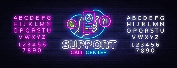 Támogatás neon-jel vektor. Call Center design sablon neon-jel, könnyű banner, neon jelzőtábla, éjszakai fényes reklám, könnyű felirattal. Vektoros illusztráció. A szöveg neon-jel szerkesztése — Stock Vector