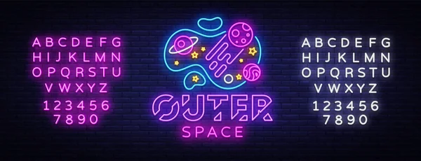 Yttre rymden neonskylt vektor. Space Design mall neonskylt, ljus banner, neonskylt, nattlig ljusreklam, ljus inskription. Vektor illustration. Redigera text neonskylt — Stock vektor