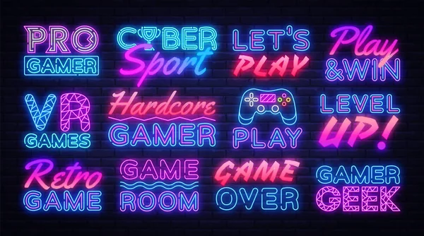 Gaming neon signs set design template. Big Collection Game Signs neon, light banner design element colorful modern design trend, night bright advertising, bright sign. Vector illustration — Stock Vector