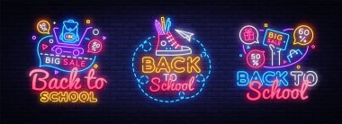 Okula Dönüş için büyük koleksiyon neon işaretleri. Neon Banner Vektör. Geri okul tasarım şablonu, modern trend tasarım, gece ışık tabela, gece parlak reklam. Vektör çizimi