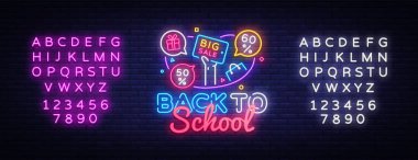 Geri okul vector, Neon tarzı, online alışveriş ve pazarlama kavramı indirim satış kavramı illüstrasyon. Neon ışıklı tabela, parlak afiş, hafif reklam. Metin Neon işaretini düzenleme