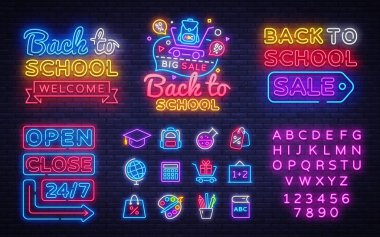 Okul neon simgeleri ayarlayın. Geri Okul Satış neon işaretleri tasarım şablonu. Açık Kapat Parlak işaret panoları, ışık afiş, İzole simgesi. Vektör İllüstrasyonu