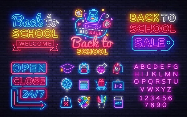 Icone al neon della scuola impostate. Torna a scuola Vendita neon segni modello di design. Apri Chiudi Cartelli luminosi, banner luminoso, icona isolata. Illustrazione vettoriale — Vettoriale Stock