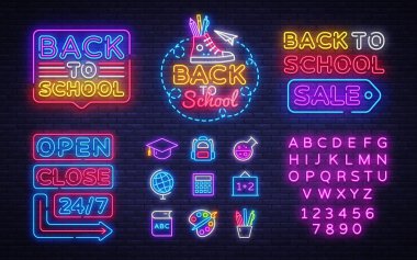 Okul simgeleri ayarlandı. Okula neon işaretine geri dönelim. Close Bright işaret panolarını, açık afişi açın. Neon izole simge, amblem, tasarım şablonu. Vektör İllüstrasyonu