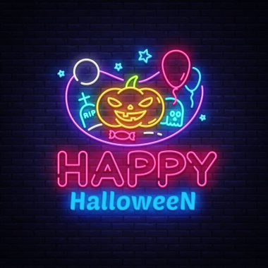 Mutlu Halloween neon işareti tasarım şablonu. Halloween neon simgesi, ışık afiş tasarım elemanı renkli modern tasarım trendi, gece parlak reklam, parlak işareti. Vektör çizimi