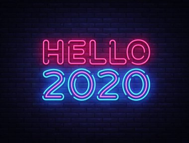 2020 Merhaba Neon işareti Vektör. Happy New Year neon poster, tasarım şablonu, modern trend tasarım, gece tabelası, gece parlak reklam, ışık afiş, ışık sanat. Vektör çizimi