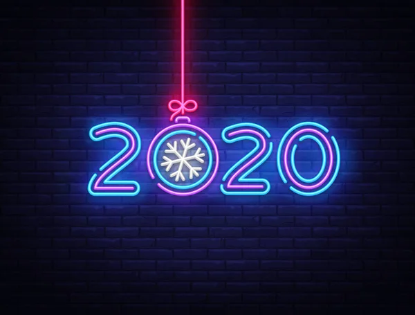 2020 Happy New Year Neon sign Vector. Poster neon Tahun Baru, templat desain, desain tren modern, papan nama malam, iklan cerah malam, spanduk ringan, seni ringan. Ilustrasi vektor - Stok Vektor