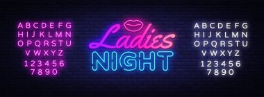 Bayanlar Gece neon işareti vektör. Gece Partisi Tasarım şablonu poster neon işareti, ışık afiş, gece parlak reklam, ışık yazıt. Vektör illüstrasyon. Metin neon işaretini düzenleme