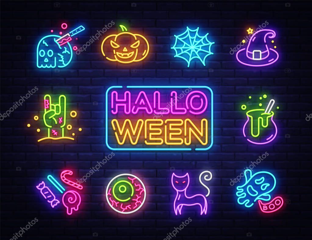 Halloween neon icons set. Happy Halloween collection neon signs. Bright sign boards, light banner. Modern trend design, night light signboard, emblems, design template. Vector Illustration.