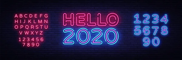 2020 Olá Neon assinar Vector. Cartaz de néon de Ano Novo feliz, modelo de design, design de tendência moderna, sinalização noturna, publicidade brilhante noite, banner de luz, arte leve. Vector. Edição de texto sinal de néon —  Vetores de Stock