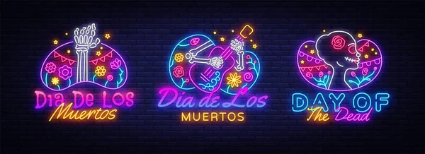 El día de los muertos los letreros de neón pusieron a Vector. Colección de iconos de neón Dia de los moertos. Fiesta, cartel de vacaciones, volante de la fiesta, tarjeta de felicitación, plantilla de diseño, diseño de tendencia moderna. Ilustración vectorial — Archivo Imágenes Vectoriales