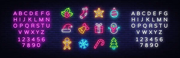크리스마스 네온 아이콘 세트. 행복 한 크리스마스 수집등 신호. 현수막을 달고,. Xmas Neon isolated icons, emblem, design template. 벡터 일러스트. 원문 네온 사인 편집 — 스톡 벡터