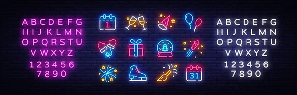 Big collectin New Year neon signs. Happy New Year Neon Icons Vector. Merry Christmas icons lights design template, modern trend design, night light signboard. Vector. Editing text neon sign — ストックベクタ