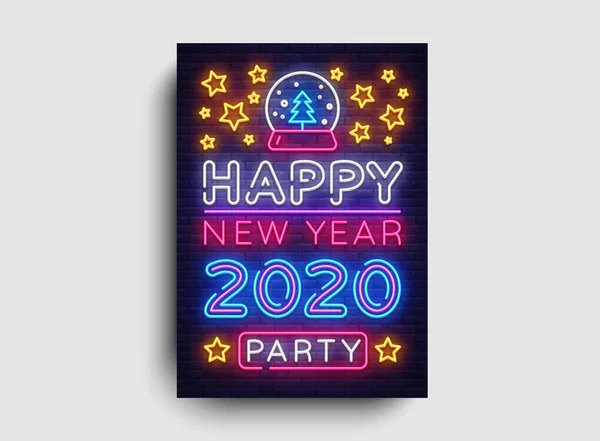 Happy New Year 2020 Party Neon Poster Vector. New year Party neon invitation, design template, modern trend design, Christmas celebretion, night bright advertising, light banner, light art. Vector — Stock Vector
