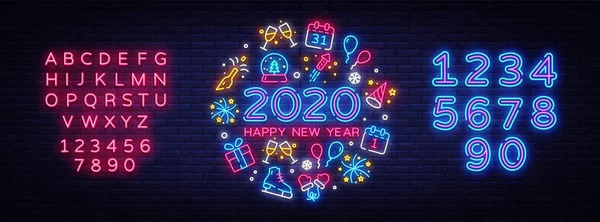 Happy New Year 2020 neon icons set vector. Merry Christmas collection neon signs. Bright sign boards, light banner. Modern trend design, night light signboard, emblems. Vector. Editing text neon sign — Stock Vector