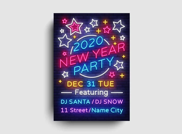 2020 Feliz Año Nuevo Cartel Fiesta Neon Vector. Plantilla de diseño de año nuevo 2020 para invitaciones temáticas de Navidad o tarjetas de felicitación y volantes de temporada. Light Banner. Ilustración vectorial — Archivo Imágenes Vectoriales