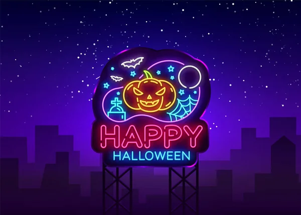 Glad Halloween Party design mall vektor. Halloween gratulationskort, Ljus banner, neon stil, natt ljus reklam. Läskig pumpa. Vektorillustration. Anslagstavla — Stock vektor