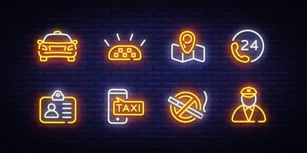Icônes de taxi néon ensemble. Service de taxi néon signe modèle de conception. Panneau lumineux, bannière lumineuse, icône isolée. Illustration vectorielle — Image vectorielle