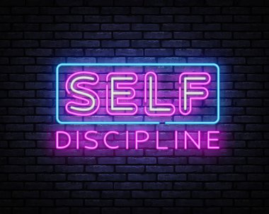 Disiplin Neon İşaret Vektörü. Kişisel Disiplin Neon yazıtları, tasarım şablonu, modern trend tasarımı, gece tabelaları. Vektör illüstrasyonu