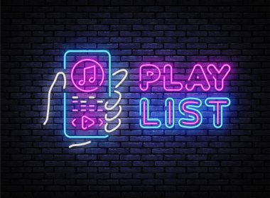 Parça Listesi Neon İşaret Vektörü. Müzik listesi neon posteri, tasarım şablonu, modern moda tasarımı, gece lambası reklamı, ışık panosu, ışık sanatı. Vektör illüstrasyonu