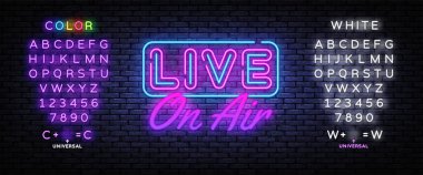 Hava Neon Metin Vektörü 'nden canlı yayındayız. Radyo On Air tabelası, tasarım şablonu, modern moda tasarımı, gece lambası reklamı, ışık panosu, ışık sanatı. Vektör. Metin neon işareti düzenleniyor