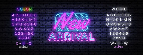 New Arrival neon sign vector. Новый дизайн искушает неоновой вывеской, световым баннером, ночной яркой рекламой, световой надписью. Векторная иллюстрация. Редактирование неонового знака — стоковый вектор