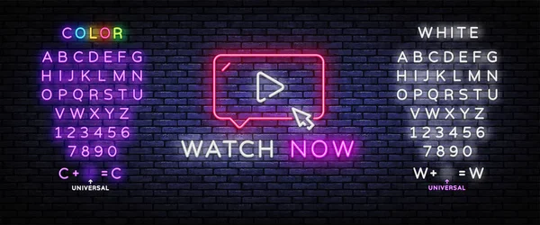 Watch Now Neon Reklamevektor. Play-Taste Design-Vorlage Leuchtreklame, Lichtbanner, nächtliche helle Werbung, Lichtinschrift. Vektorillustration. Bearbeiten von Text-Leuchtreklame — Stockvektor