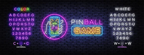 Pinball hra neon podepsat vektor design šablony. Pinball hra v chytrém telefonu, neonový koncept, lehký banner, designový prvek, noční jasná reklama, světlé znamení. Vektor. Úprava neonového znaku textu — Stockový vektor