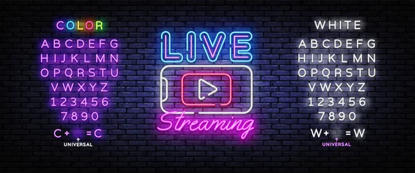 Live Streaming Pouze neonový text vektorový design šablony. Live Video neon znamení, světlý banner, designový prvek, noční jasná reklama, světlé znamení. Vektorová ilustrace. Úprava neonového znaku textu — Stockový vektor