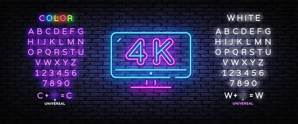 4k Quality Video neon sign vector. Monitor 4k Design šablona neon znamení, světlý banner, noční jasná reklama, světlý nápis. Vektorová ilustrace. Úprava neonového znaku textu — Stockový vektor