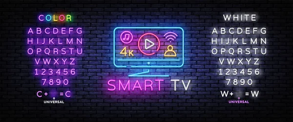 Smart TV неоновый знак векторного дизайна шаблон. Smart TV Monitor неоновый дизайн, световой баннер, элемент дизайна, ночная яркая реклама, яркая вывеска. Векторная иллюстрация. Редактирование неонового знака — стоковый вектор