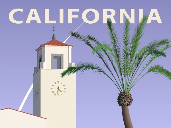 カリフォルニアの建築様式の建物と宇宙ロケット打ち上げポスター ベクトルイラストの背景にあるヤシの木 — ストックベクタ