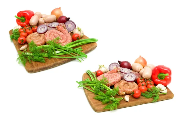 Various Sausages Fresh Vegetables White Background Horizontal Photo — Stock Photo, Image