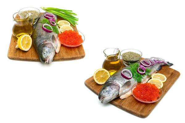 Trout Vegetables Red Caviar Spices White Background Horizontal Photo — Stock Photo, Image